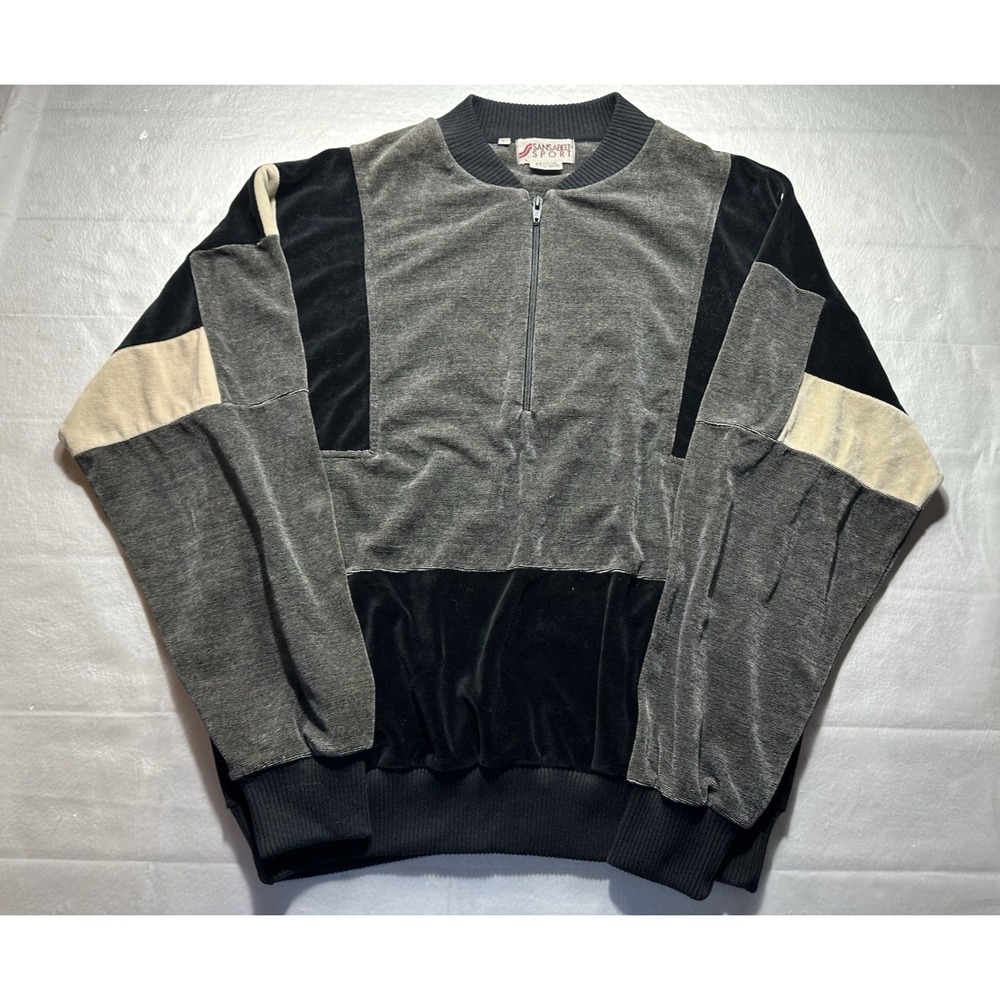 Vintage Sansabelt Sport Pullover Mens Large Velour Colorblock 1/4 Zip 80s 90s